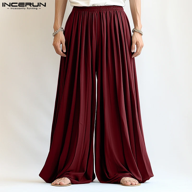

INCERUN Fashion Men Wide Leg Pants Solid Elastic Waist Joggers Pleated Trousers Men Oversize Streetwear 2025 Casual Long Pants