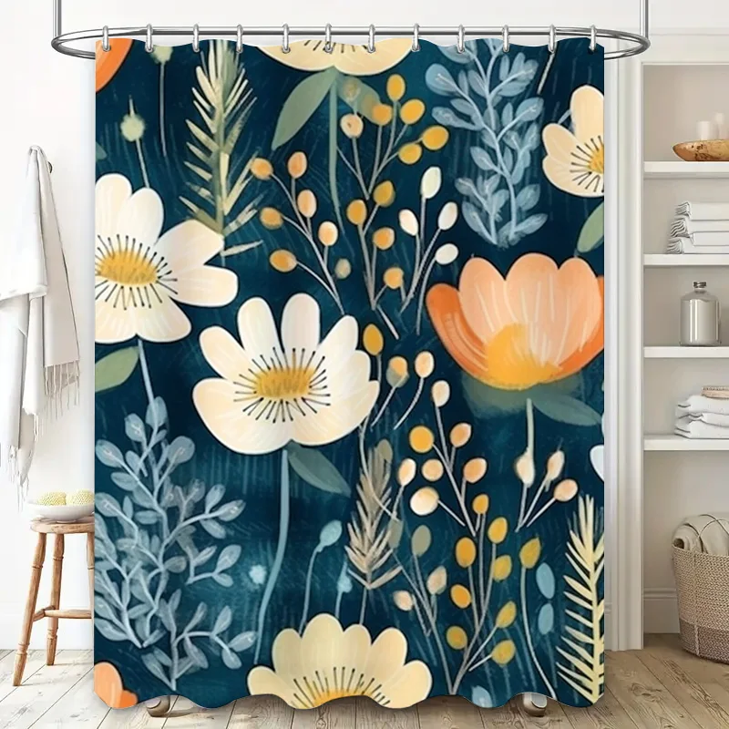 Rustic Floral Shower Curtain Blue White Yellow Orange Bathroom Decor Privacy Rod Pocket Hook for Home Use Modern Design Waterpro