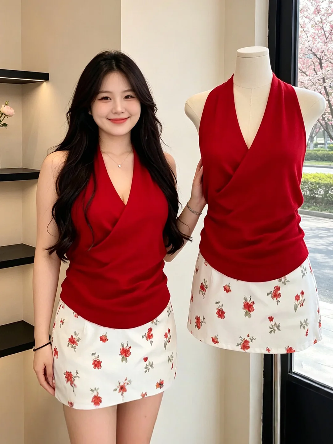 plus Size Knitted V-Neck Red Tube Top Women Summer Sleeveless Neck Hanging Design Slim Fit Fashion plus Size Hide Underarm