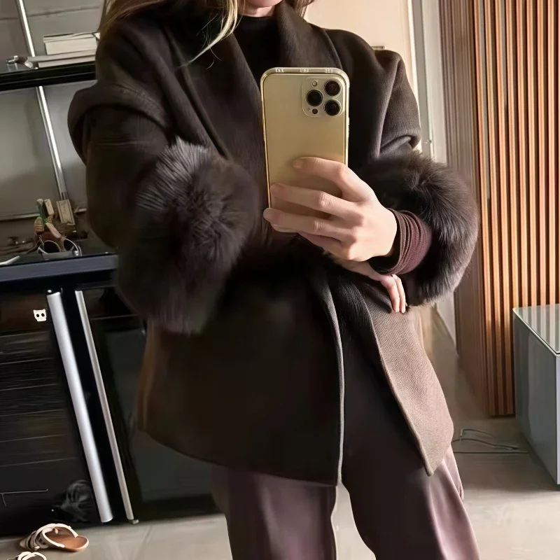 Lapel Coats Women 2025 Autumn Plush Lace Up Vintage Solid Faux Fur Sleeve Tweed Open Female Winter Casual Street Outwear Jacket