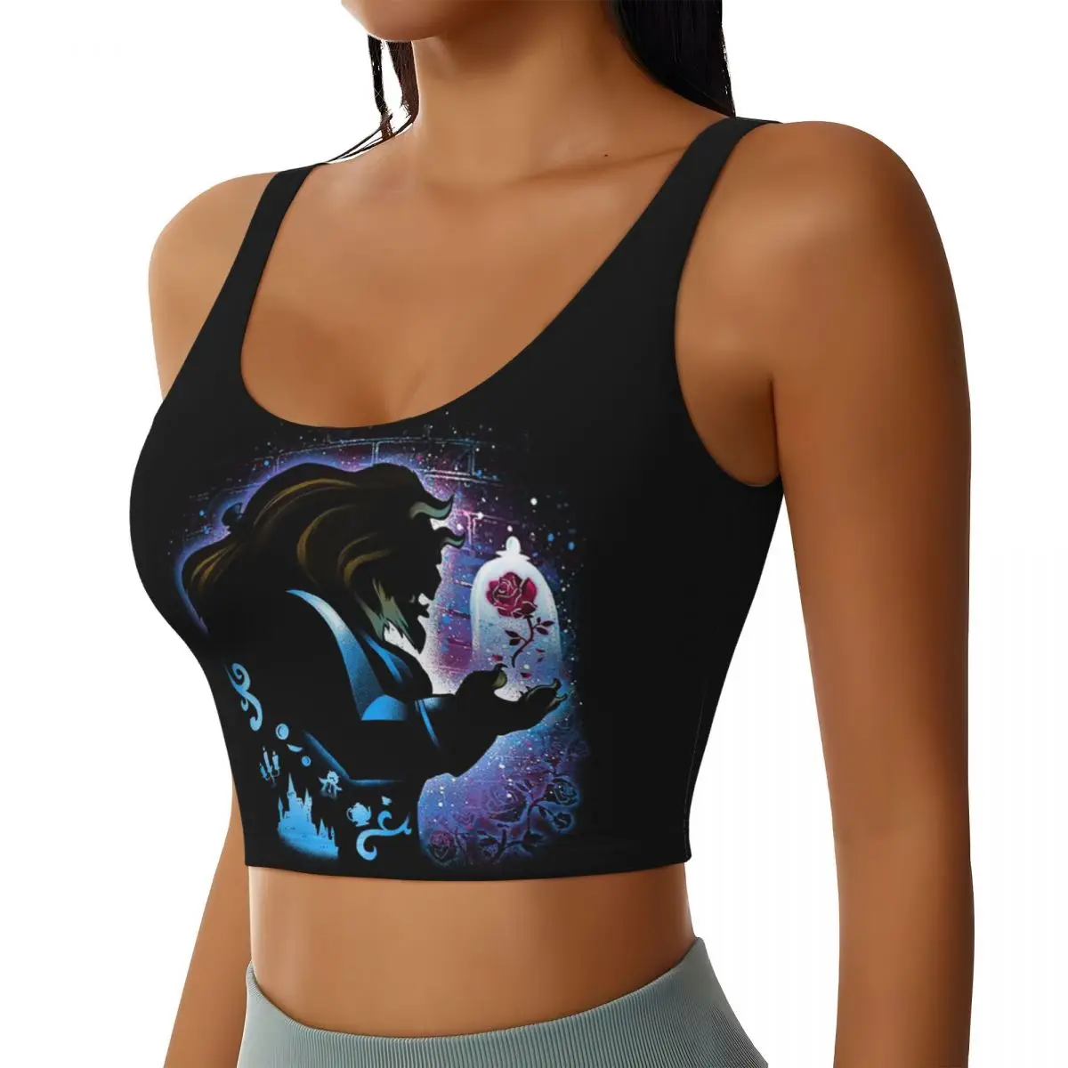 Custom Beauty And The Beast Cartoon Sports Bra Women High Impact Workout Yoga Crop Top