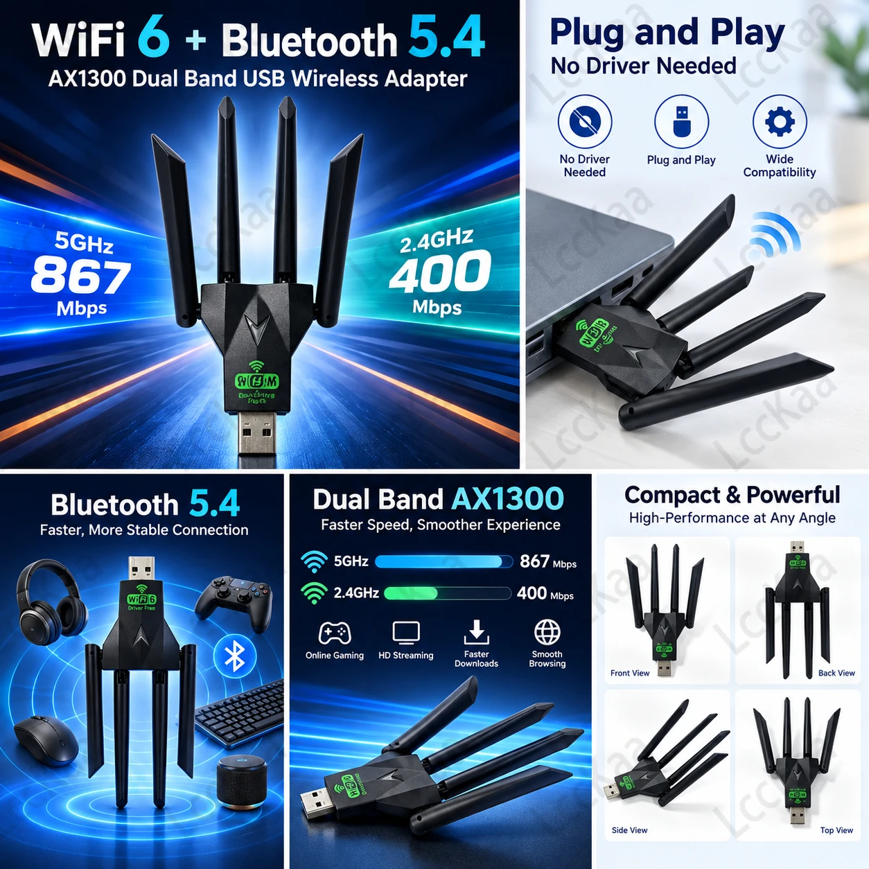 LccKaa AX1300 WiFi6 USB Adapter Bluetooth5.4 Dual Band 2.4G 5G 1300Mbps Wireless Network Card Driver Free for PC Laptop Desktop - view 3