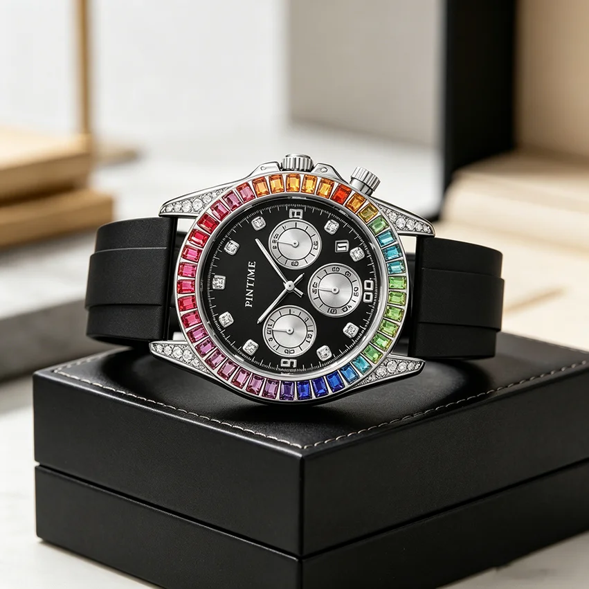 

Iced Out Men Watch Rainbow Bezel Luxury Diamond Quartz Watch Hip Hop Bling Male Clock Waterproof Reloj Hombre Silicone Strap