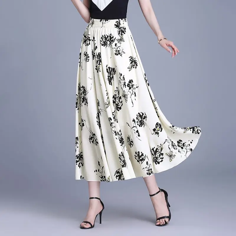 

Элегантная женская макси-юбка с цветочным принтом, высокая талия, А-силуэт, струящаяся шифоновая юбка для повседневной носки и вечеринок