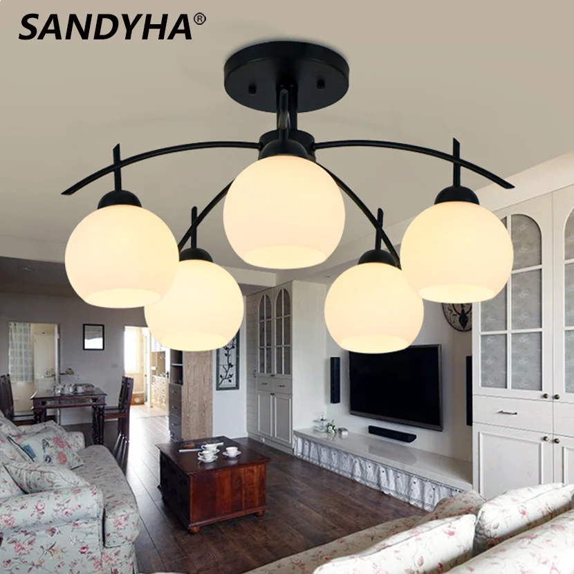 SANDYHA Vintage Style LED Chandelier Opening Frosted White Glass Ball Ceiling Lamp Retro Black Iron Living Room Bedroom Lights