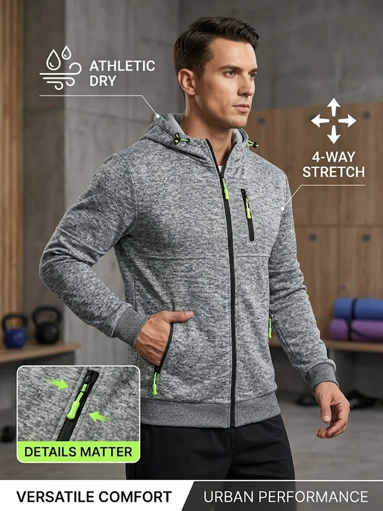Herren Outdoor Zip Hoodie Lässiger Fleece-Sweatshirt Langarm Winter Warme Strickjacke Mantel mit Mehreren Reißverschlusstaschen Oberbekleidung – Detail 1
