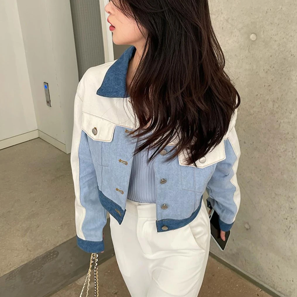 Autumn Fashion Patchwork Denim Jacket New Lapel Contrast Color Casual Traff Woman 2024 Coat Long Sleeves Slim Women's Jackets