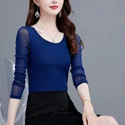 Women Sheer Mesh Full Sleeve O Neck T Shirt Red Blue Purple Female Blouses Lace T-shirt Clothes S-4XL Long Sleeve Sexy Y2K Top