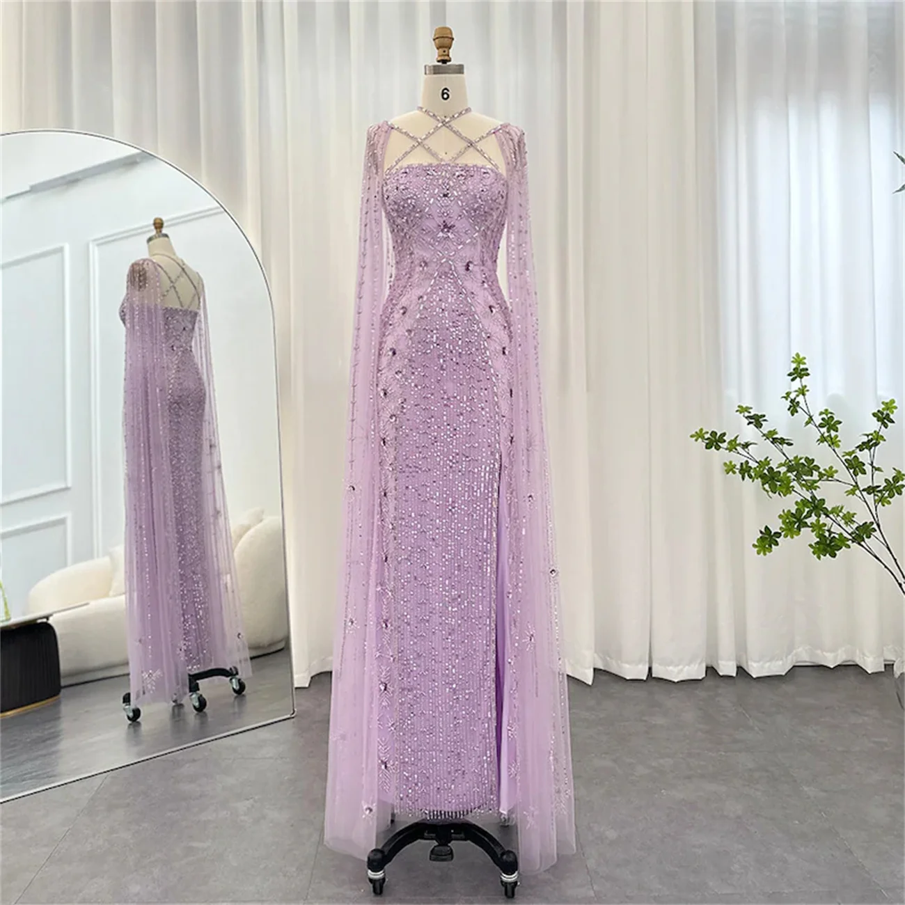 Vestido de casamento clássico com capa, mangas até o chão, colarinho quadrado, laço frisado, laço de tule de diamante azul e roxo, vestido de baile luxuoso