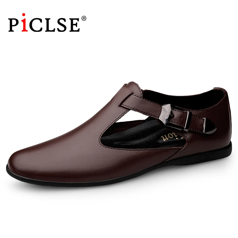 PICLSE Business Dress Men Sandals Breathable Genuine Leather Shoes Men Half Slippers Summer Moccasins Men Shoes Loafers Hombre