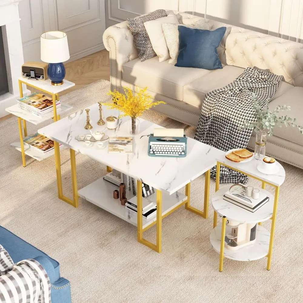 Coee Table Set o 3,RecCoee Table&2 Accent Table,aux Marble Tabletop,3 Piece Living Room Table Sets with Multi Tier Storage, or S