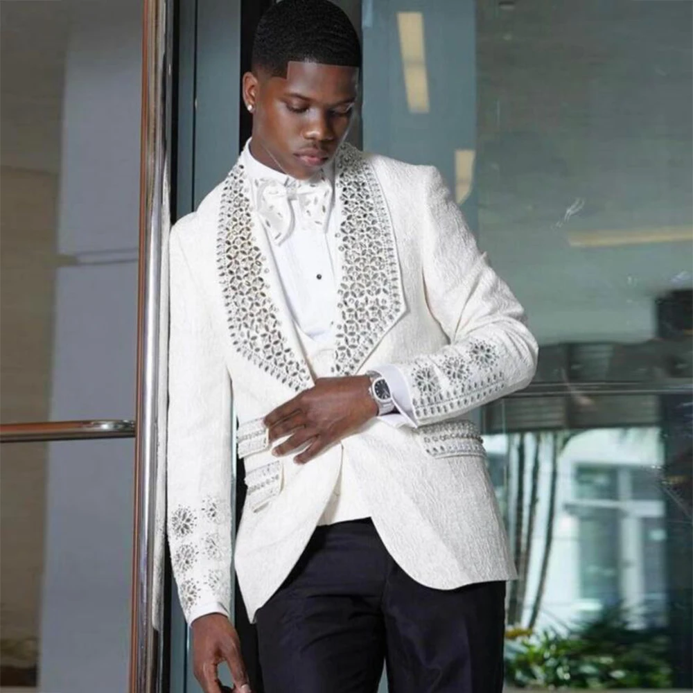 Luxury Wedding Suits Slim Fit Diamond Beaded Prom Blazer Custom Made 3 Pieces Set Groom Tuxedo Male Fashion Business Clothing