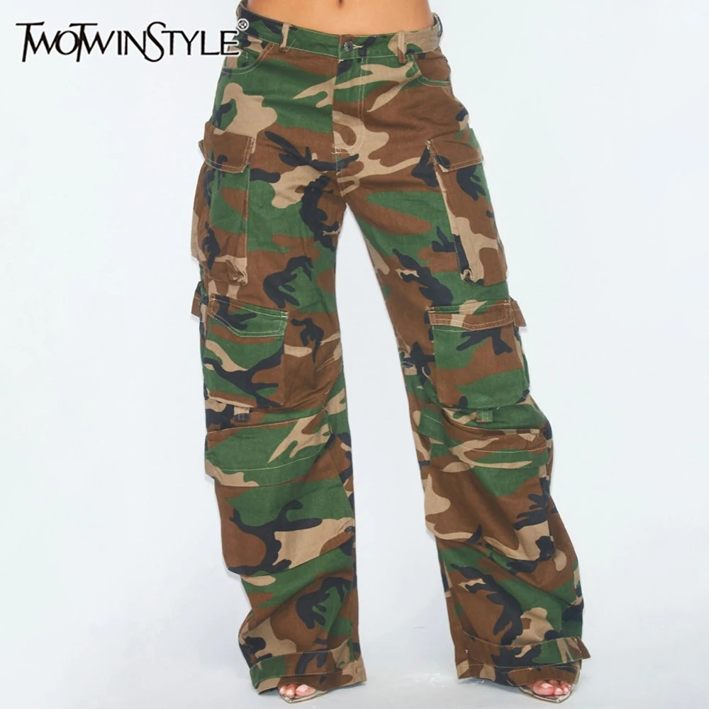 

TWOTWINSTYLE Colorblock Camouflage Denim Pants For Women High Waist Spliced Pockets Designer Streetwear Cargo Jeans Female New
