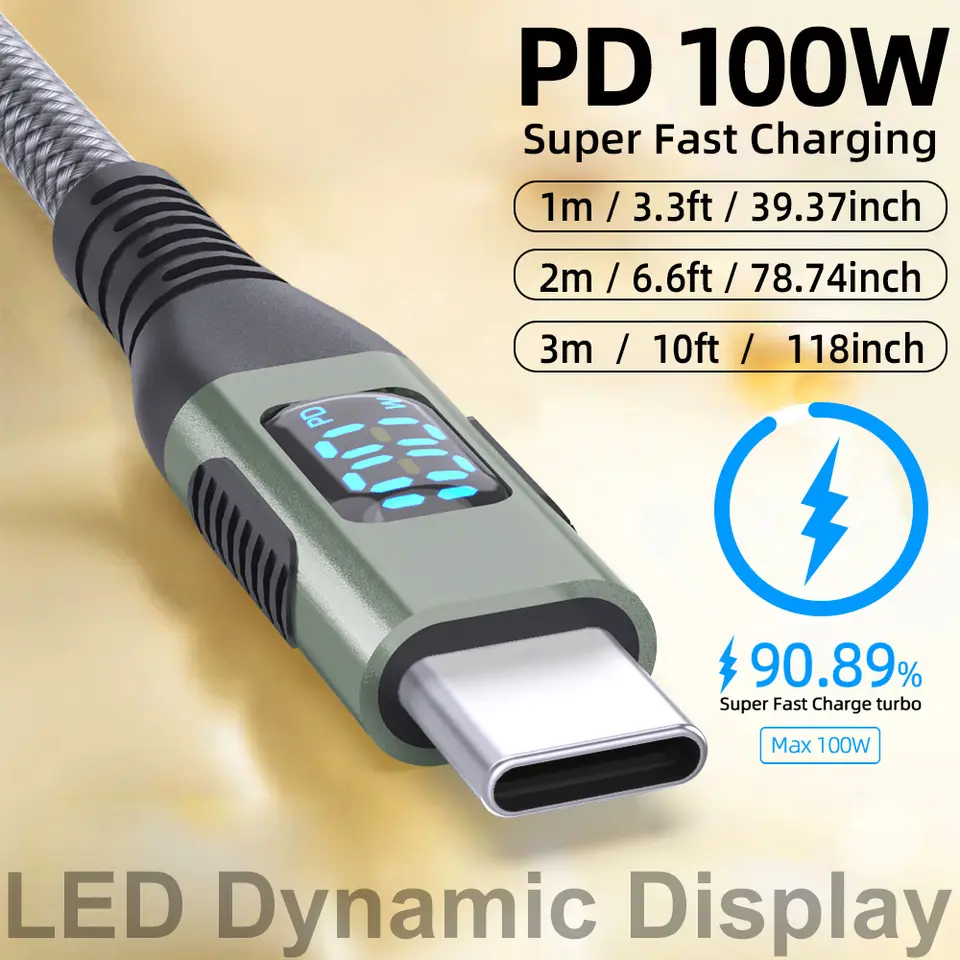 كابل BCVS USB C إلى USB C، شحن سريع 100 واط مع شاشة رقمية، كابل بيانات منسوج من النايلون PD 100 واط لهواتف آيفون وسامسونج جالاكسي - 6