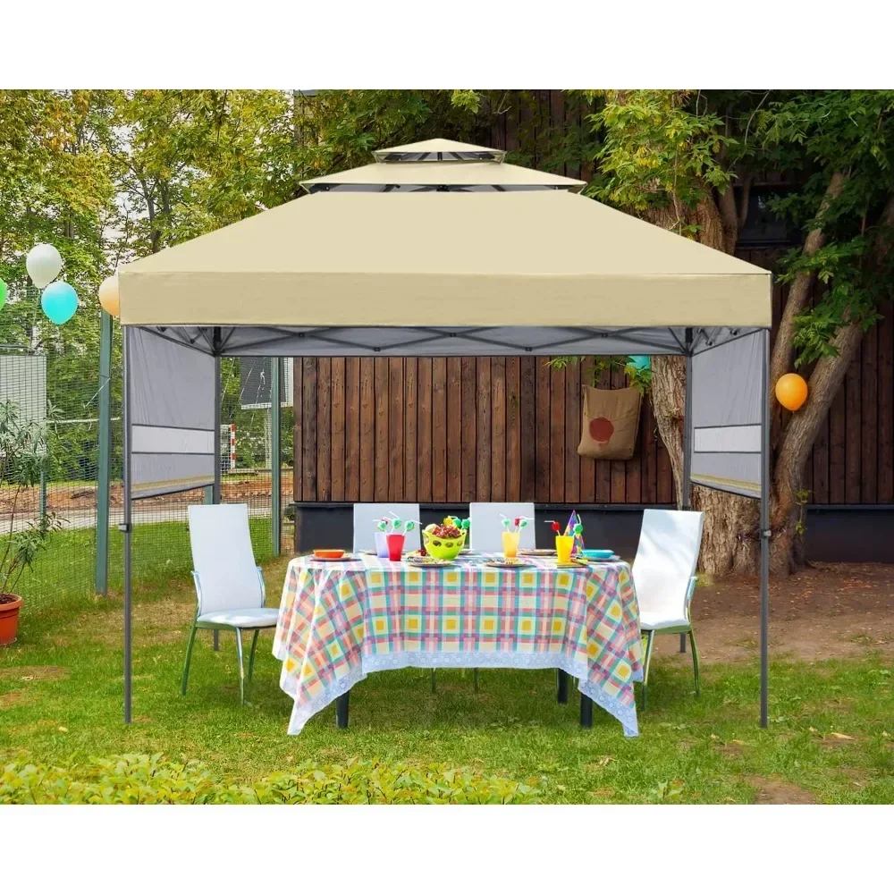 Toldo de Gazebo emergente de 3 niveles, toldo instantáneo con toldos dobles ajustables, color Beige, envío gratis