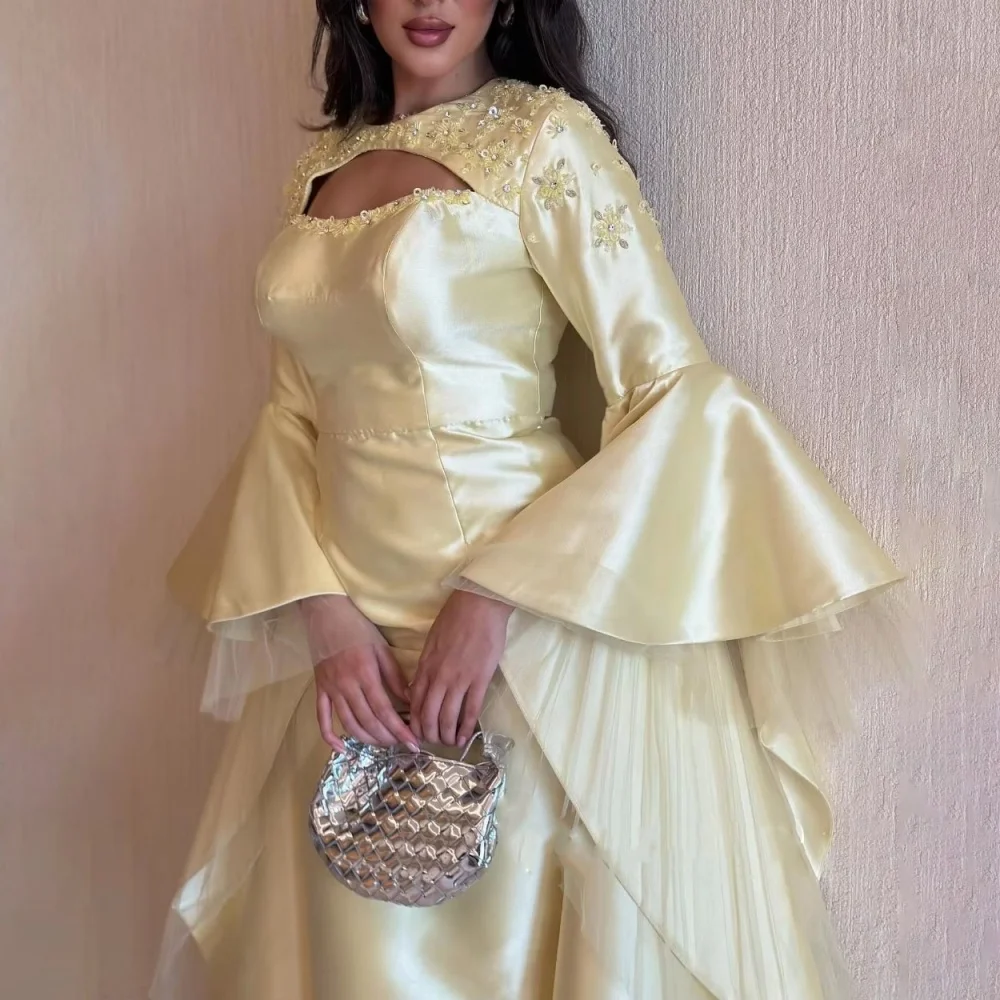 فستان سهرة مخصص رائع بأكمام طويلة فساتين لحضور الحفلات الموسيقية Ruched مناسبة رسمية لامعة مزين بالزهور فستان حفلة رداء سواريه