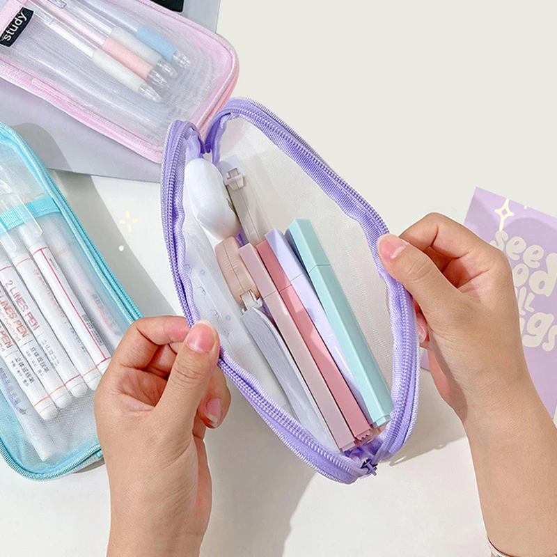 Simple Transparent Pencil Case Fashion Mesh Large Capacity Casual Zipper Pouch Pen Bag Stationery Storage Bag School Supplies