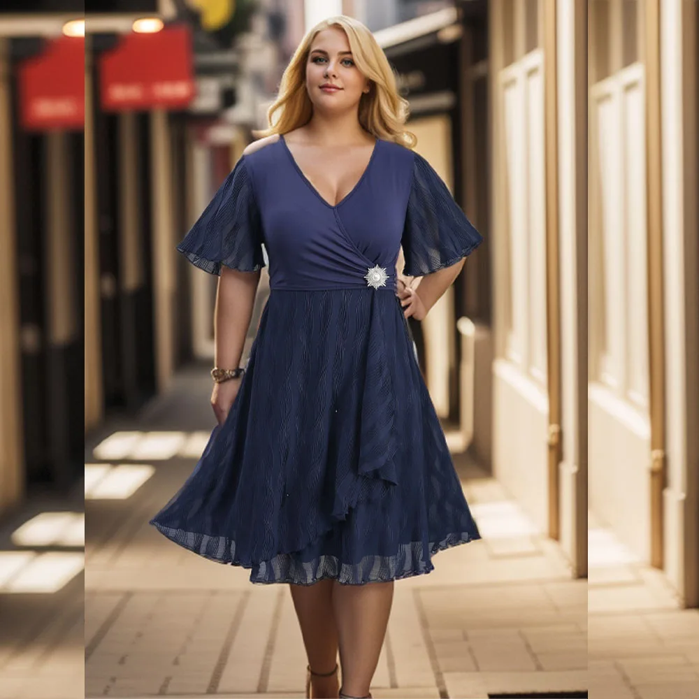 

ROSEGAL Plus Size Jacquard Dress Deep Blue Surplice Ruched Ruffles Trim Pearl Pin Tulip Hem Pocket Dresses Casual V-Neck Vestido