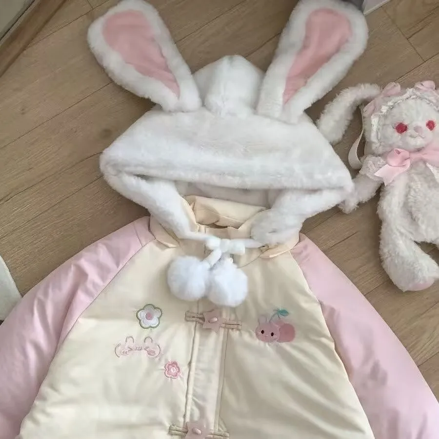 冬コート女性女性かわいいウサギの耳フード付きジャケット漫画刺繍ロリータジッパールーズカジュアルパッド入り Y2k パーカー