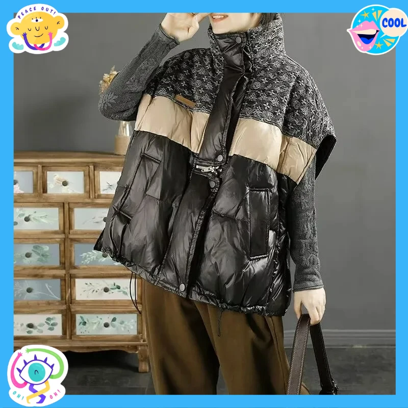 Nouveau col montant contrasté vers le bas gilet femmes court ample et à la mode blanc canard vers le bas Camisole veste manteaux d'hiver femmes