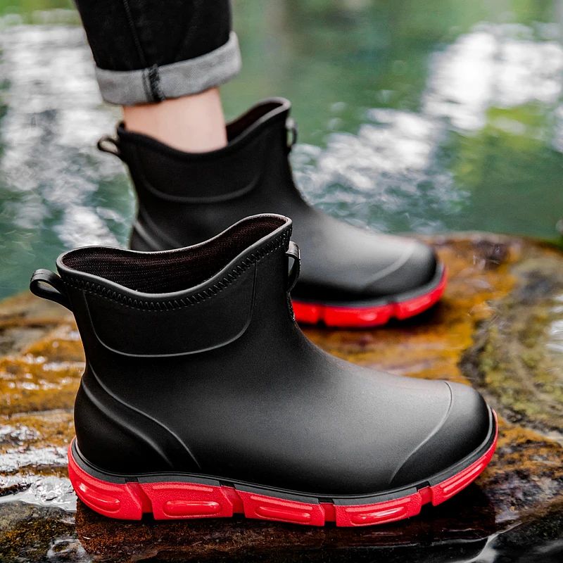 Men's Ankle Rain Boots Outdoor Waterproof Men Rain Shoes Anti-Slip Wear-resistant Men Kitchen Water Shoes Fishing Rubber Shoes