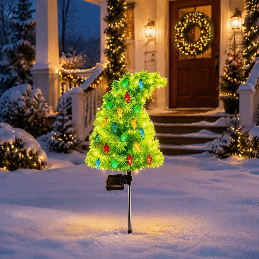 Weatherproof Solar Christmas Tree With Ground Stakes Solar Powered Yard Decor Lights Waterproof Funny Shape Solar Pathway Lights