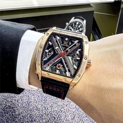 AOKULASIC Fashion Skeleton Automatic Mechanical Watch for Men Luminous Dial Tonneau Case Casual Leather Strap Mens Watches Gifts