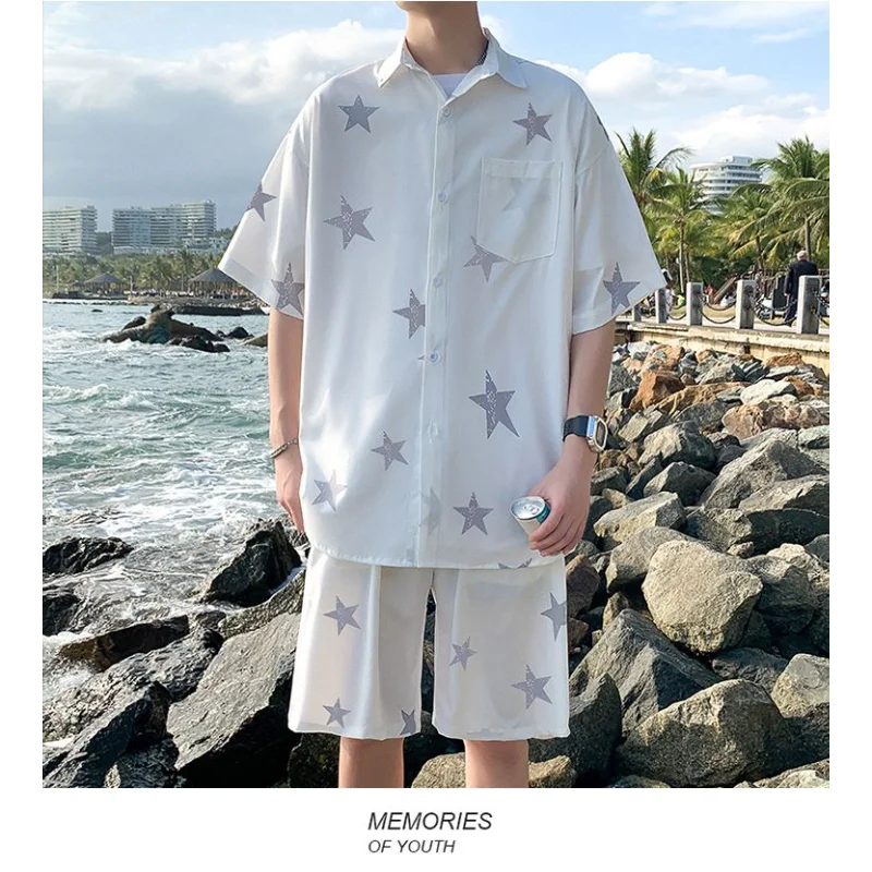 قصيرة الأكمام الصيف تنفس وسيم عارضة دعوى قميص الرجال السراويل فضفاضة قطعتين مجموعة العصرية