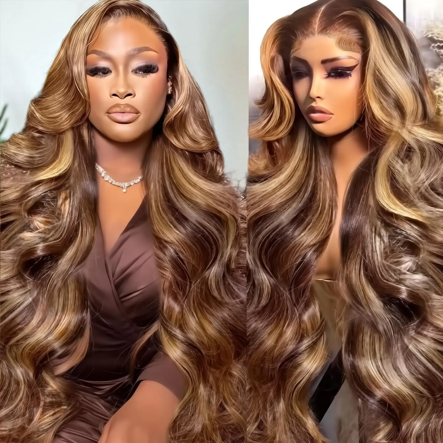 

P427 Highlight Ombre Brown Body Wave 13x4 Human Hair Wig Honey Blonde Colored 13x4 HD Lace PrePlucked 32 34 Inch Wigs For Women