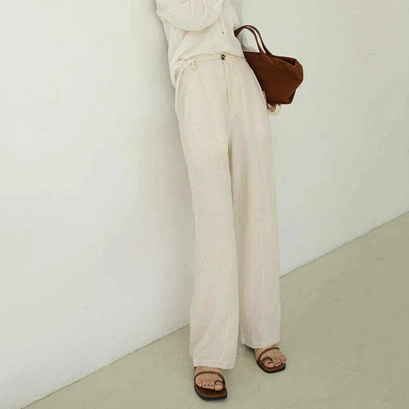 Women's Linen Lyocell Blend Wide Leg Pants Solid Color Versatile Casual Loose Straight Pants Spring Summer High Waist Trousers