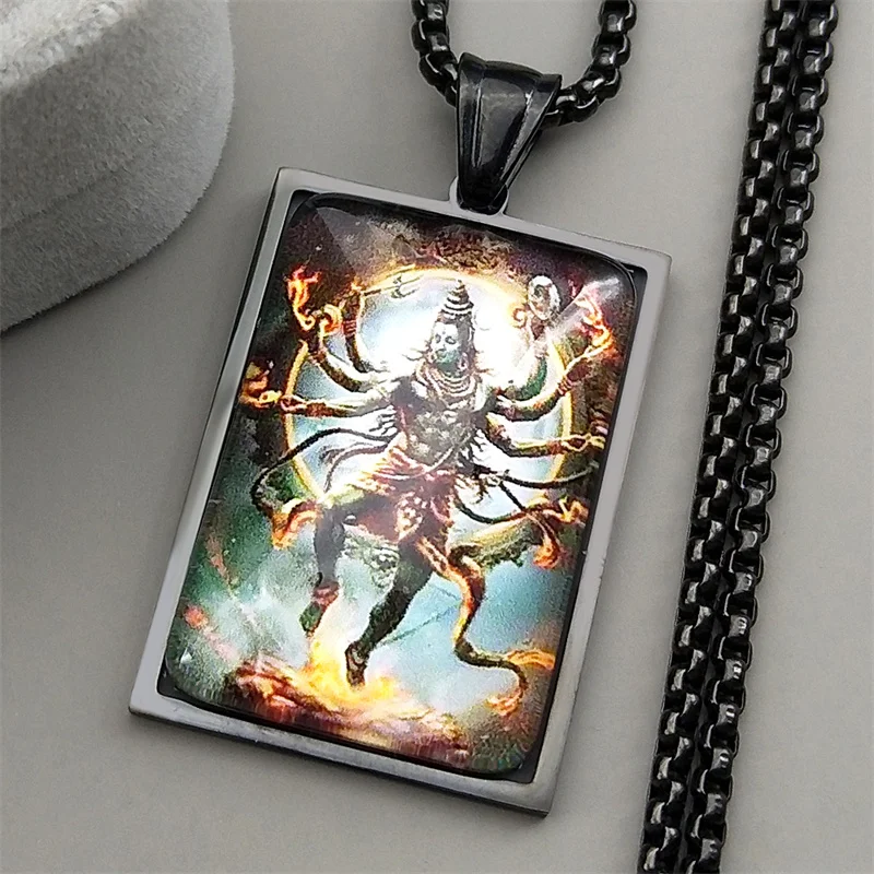 인도 힌두교 시바 직사각형 유리 펜던트 목걸이 남녀용 스테인리스 스틸 골드 컬러 체인 힌두교 부적 장신구