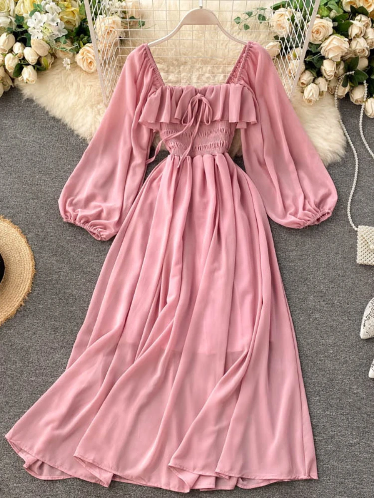 Chic Elegant Square Collar Maxi Dress Women Solid Chiffon Puff Sleeve Dresses 2024 Korean Fashion Vintage Ruffle Vestidos