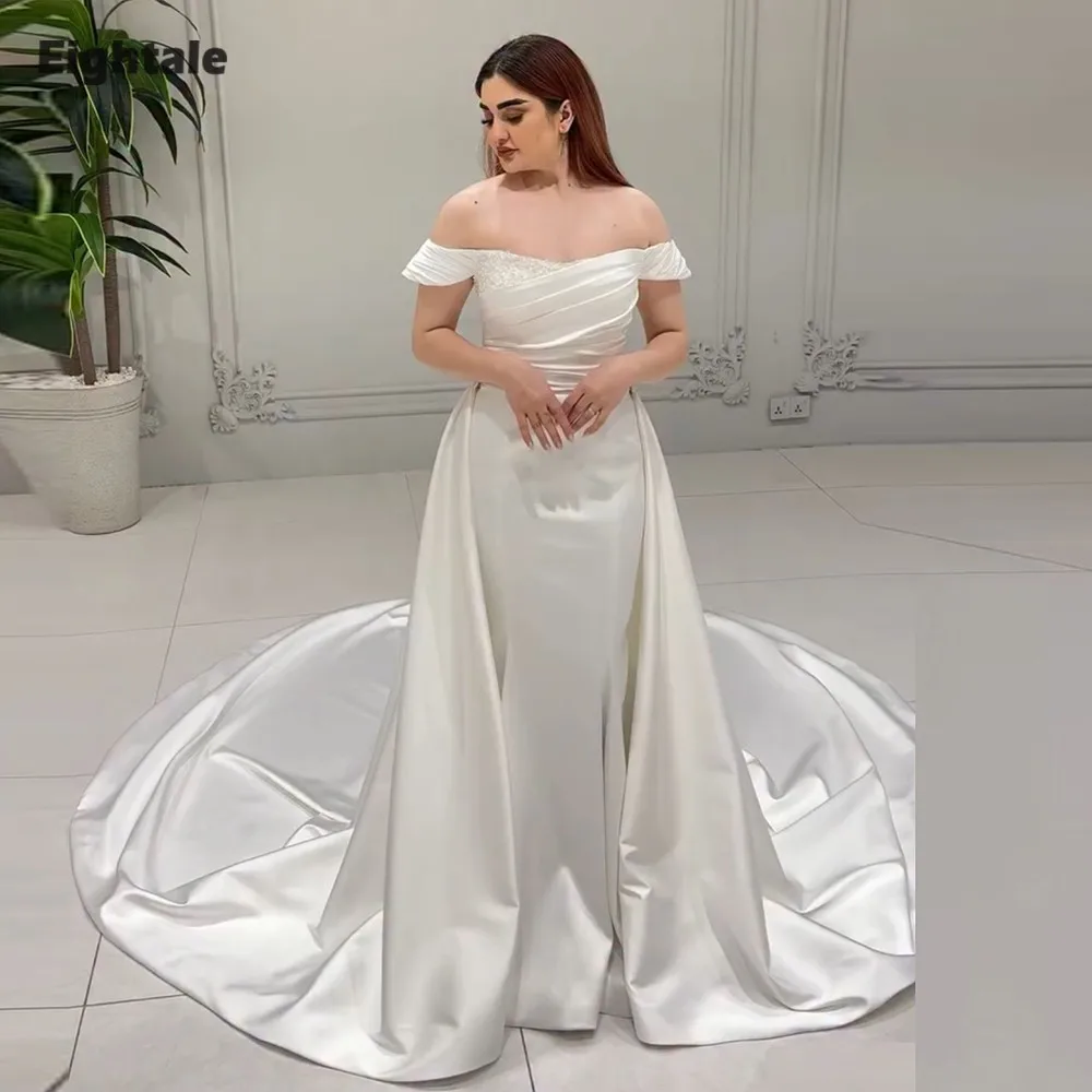 

Eightale Arabic Wedding Dress Off the Shoulder Customized Satin Bridal Gown Mermaid Bride Party Dress with Detachable Skirt