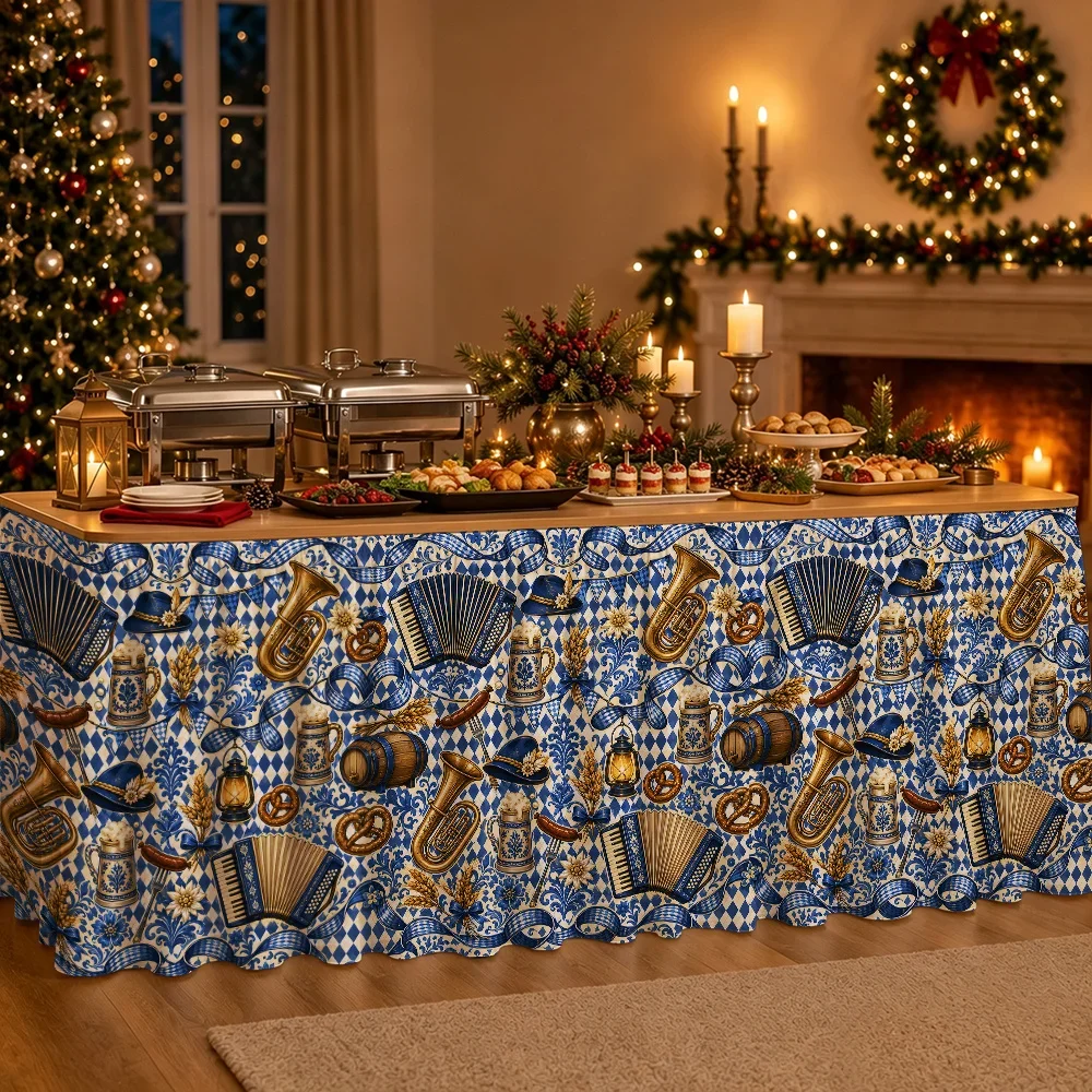 Blue and White Market Pattern Folk Song Party Ribbon Chain Beer Festival Tablecloth, Bavarian Party Decoration