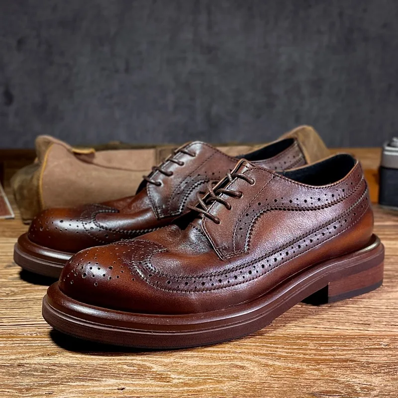British Style Dress Leather Shoes Men's Fashion Business Genuine Leather Work Wedding Shoes Male Wear-resistant Derby Brown