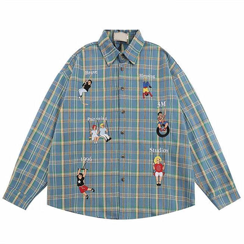 Khaki Plaid Y2K Sporty Cartoon Embroidery Blouses Button Up Shirts Students 3XL Long Sleeve Tops Korean Harajuku Kawaii Clothes