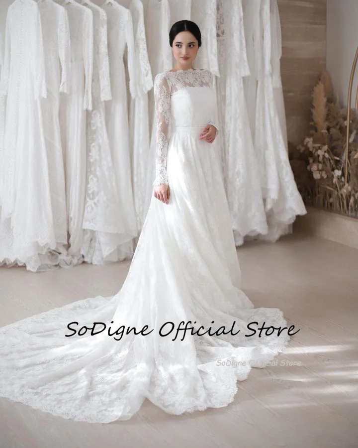 SoDigne A-line Elegant Wedding Dresses O-neck Long Sleeves Lace Bridal Dress Long Back Button Wedding Gown Robe De Mairee ﻿