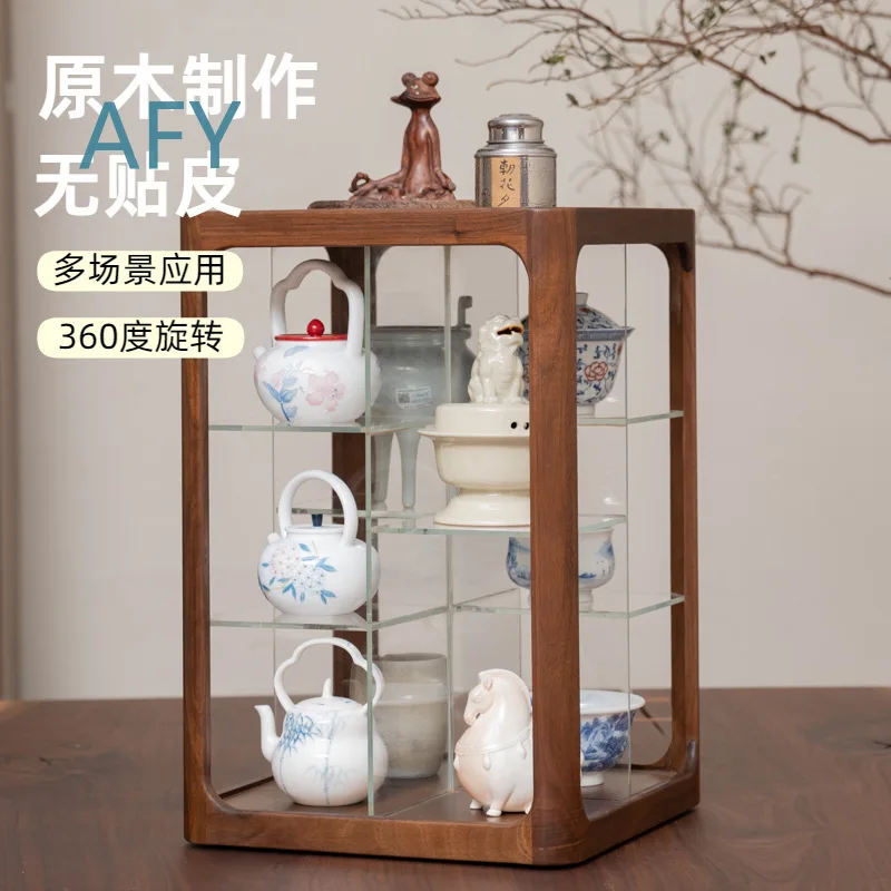 Rotating Desktop Display Stand for Collectible Figurines and Mugs Glass Tea Set Shelf Walnut Wood Curio Cabinet for Tea Pot