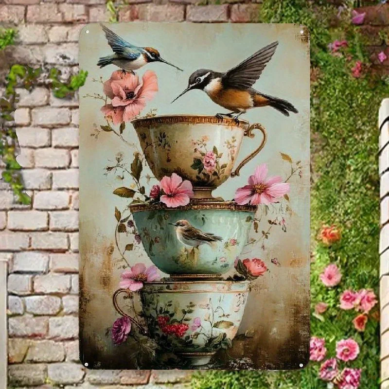 Vintage Hummingbirds & Coffee Metal Tin Sign, , Rustic Wall Art with Floral Design, Indoor/Outdoor Decor for Home, Office, Cafe