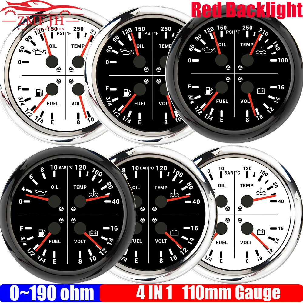 Multifunctional 4 IN 1 110mm Gauge with Alarm Red LED Oil Pressure Gauge+Water Temp+Fuel Level Gauge+Voltage Car Marine Boat 12V