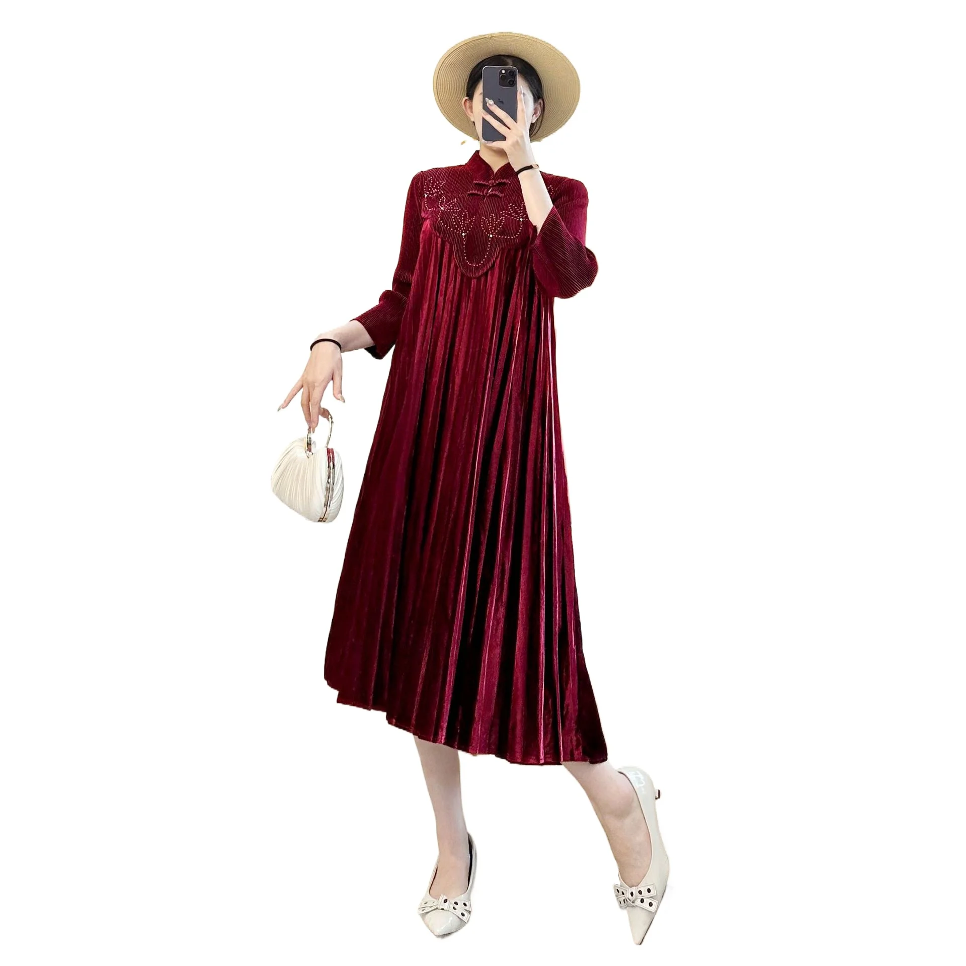 Miyake geplooide fluwelen jurk effen kleur stiksels opstaande kraag pofmouwen losse elegante geplooide trouwjurken voor dames