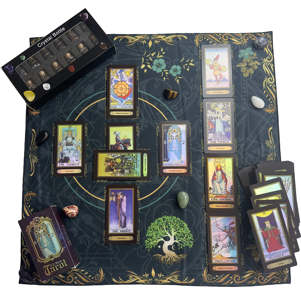Tarot tablecloth Set 1 Set 78 Tarot Cards 12 Mini Crystal Vases 7 Chakras 1 Tarot Tablecloth 1 Pendant Accessory 1 Storage Bag