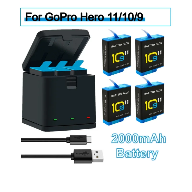 2000mAh Battery for GoPro Hero 11 10 9 Li-ion Battery Pack Motion Camera Battery Storage +LCD 3-Slots Charger with Type-C Port