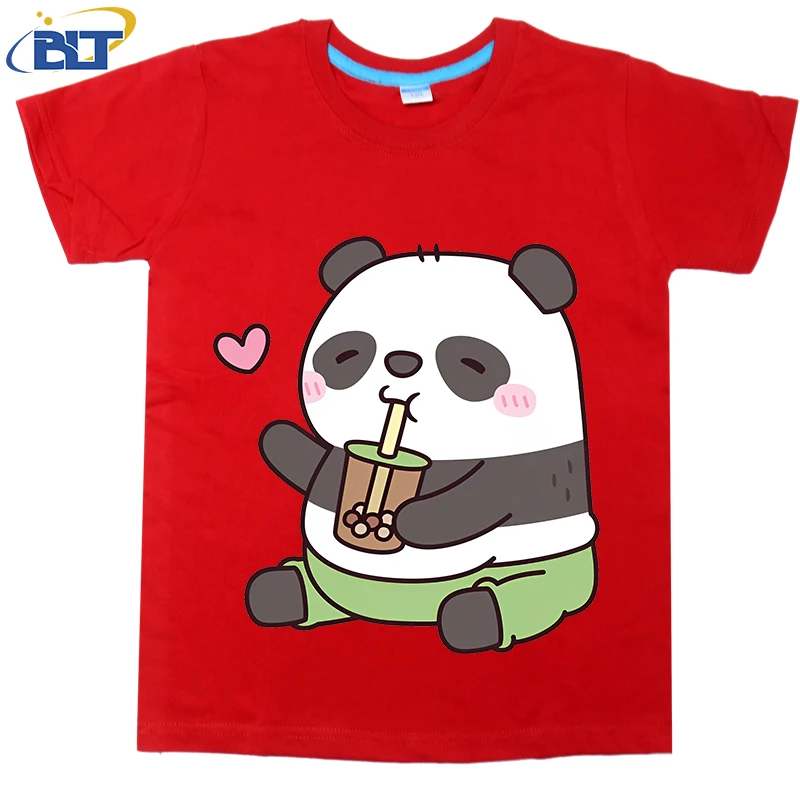 Panda gordinho infantil impresso algodão camiseta de manga curta, bonito ama chá de bolha, tops casuais, adequados para meninos e meninas, verão