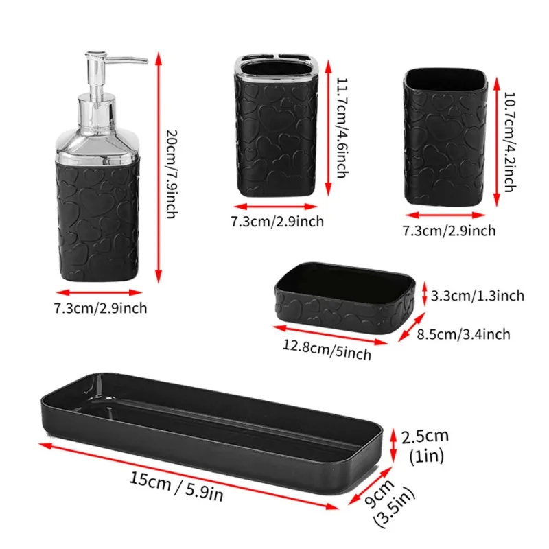 

Black Pattern Tray Resin Bathroom Set Toothbrush Holder Soap Dispenser Soap Dish Bathroom Accessories Set Home Decor 5pcs/Set