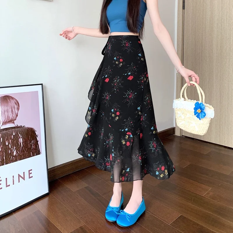 

Ele Floral Print Chiffon f Skirt with Lace Hemline High Waist Slimming Fi Tail Long Gown Korean Sle Midi Skirt