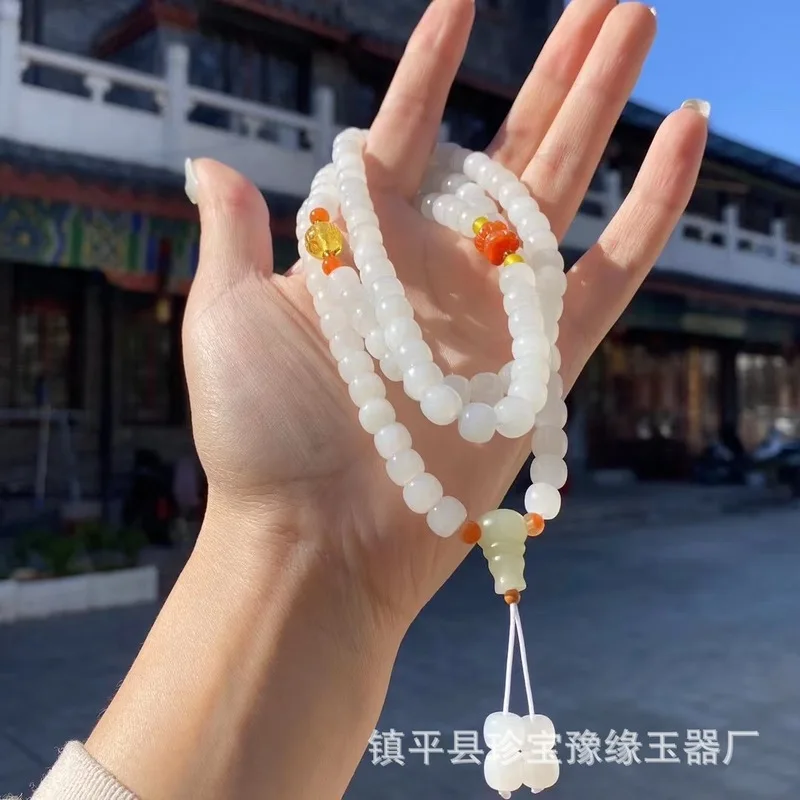Shanliushui Traditional Beads 108-Piece Buddhist Necklace And Hotan Mutton Fat White Jade Bead B