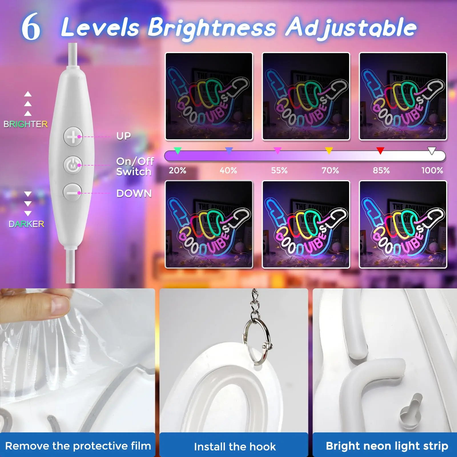 Good Vibes Neon Sign Dimmable USB Powered LED Wall Light for Bedroom Game Room Party Club Home Decor Gift