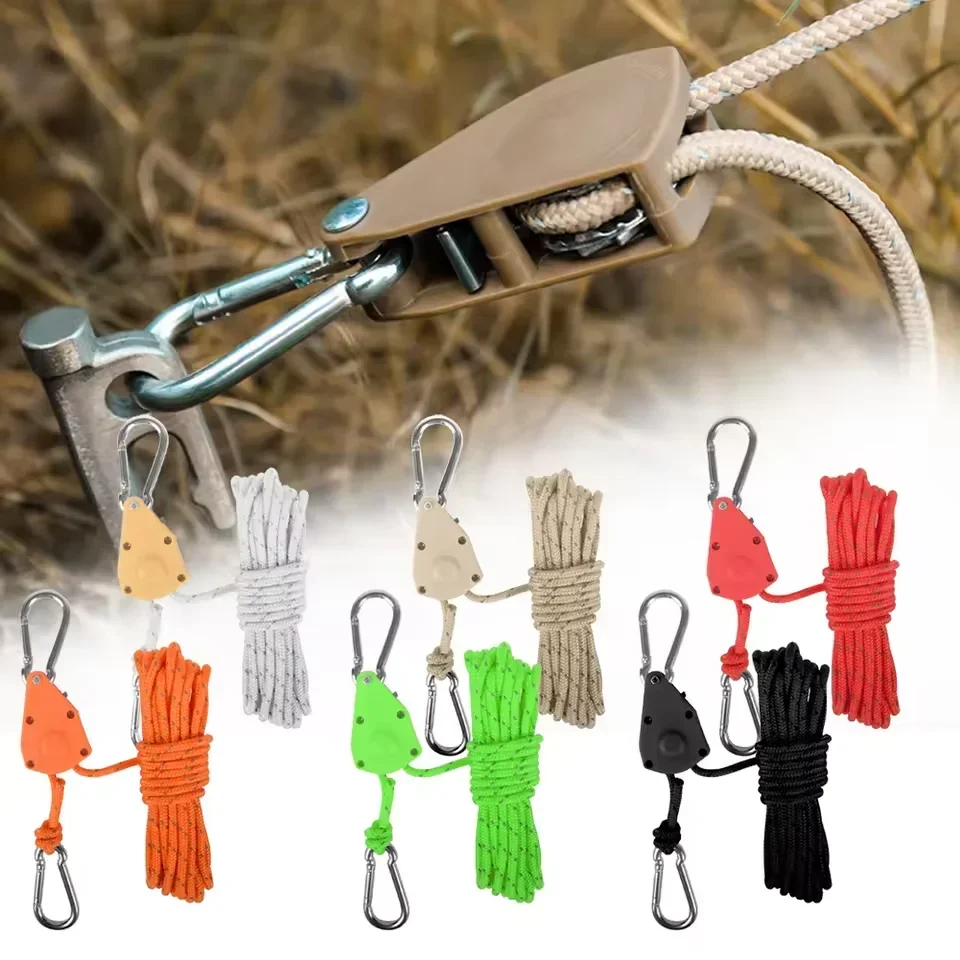 New 2m Camping Rope Tent Adjustable Rope Fastener Fixed Buckle Pulley Tensioner Ratchet Hangers Lights Camping Awning Wind Rope 