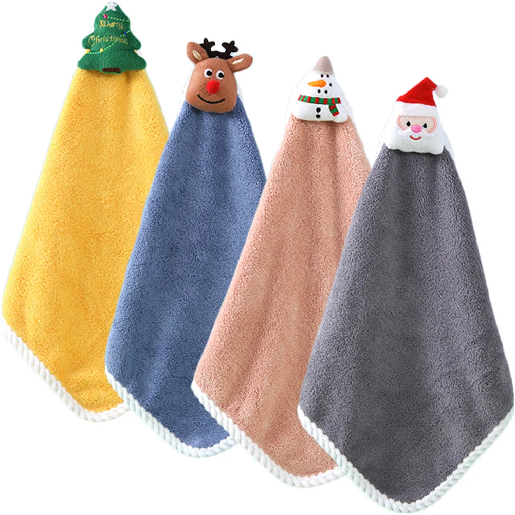 

4pcs Christmas Hand Towels Water Absorbent Coral Fleece Kitchen Bathroom Hanging Towel For Home Family Festival Decor